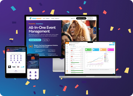 ClearEvent event management software dashboards, schedules, and event tools displayed across desktop, laptop, tablet, and mobile devices.