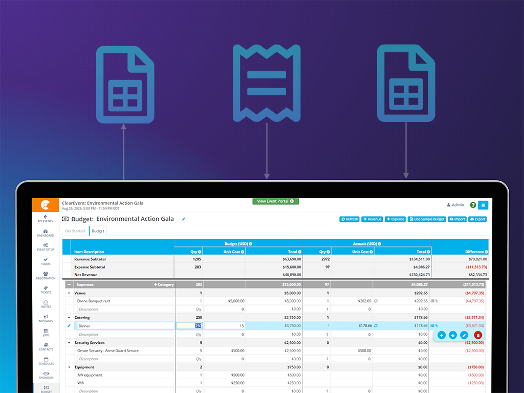 Illustration of ClearEvent Event Budget Import of a budget on spreadsheet to the ClearEvent software.