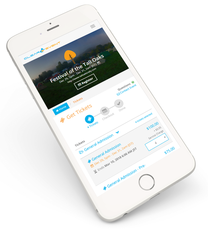 ClearEvent Web App Get Tickets page displayed on a mobile phone screen.