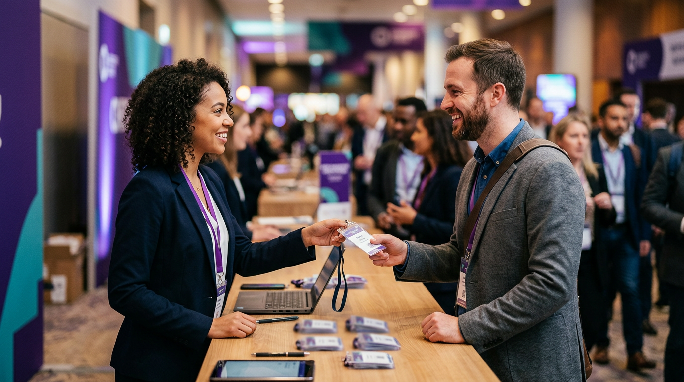 Event staff member helps an attendee at a registration desk during a conference.