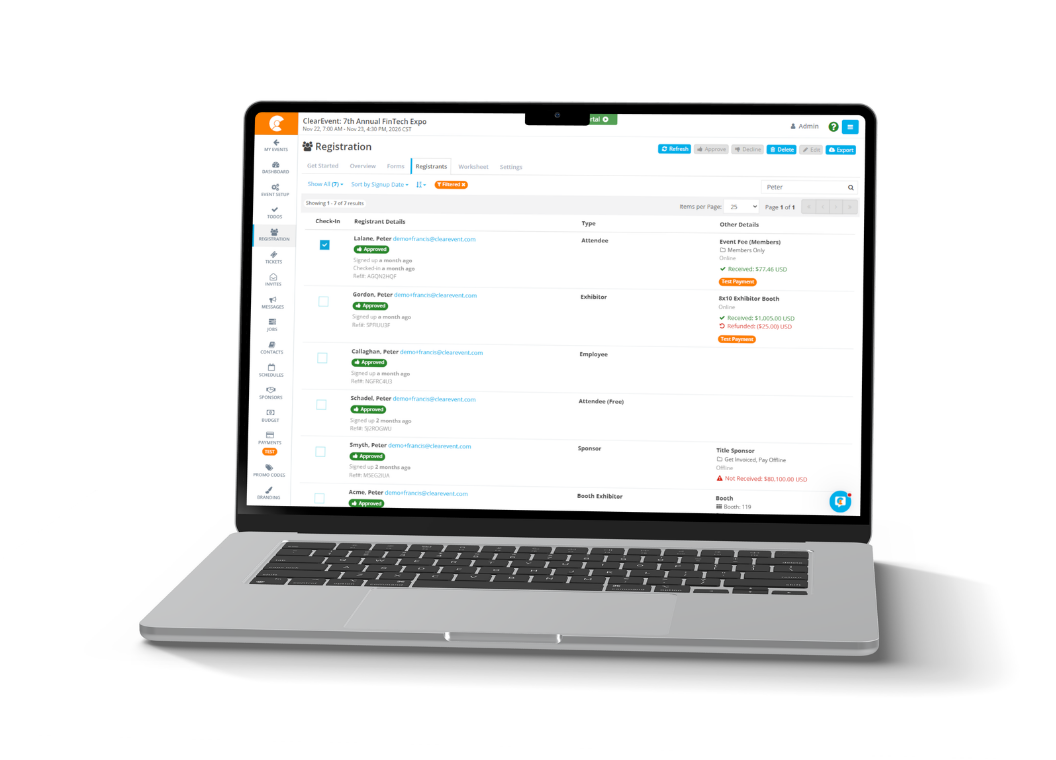 Registration list and attendee management in ClearEvent