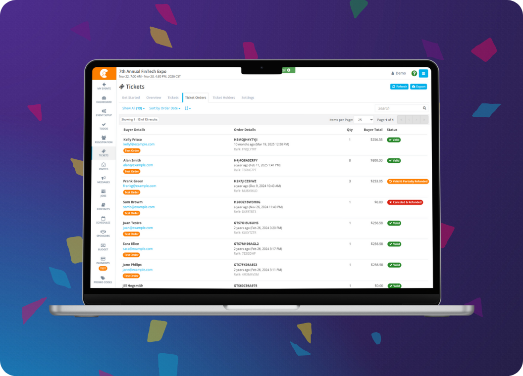 View of ClearEvent's Ticket Holders list displayed on a laptop screen