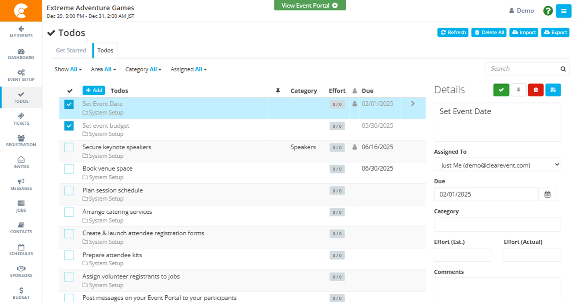 ClearEvent task tracking interface