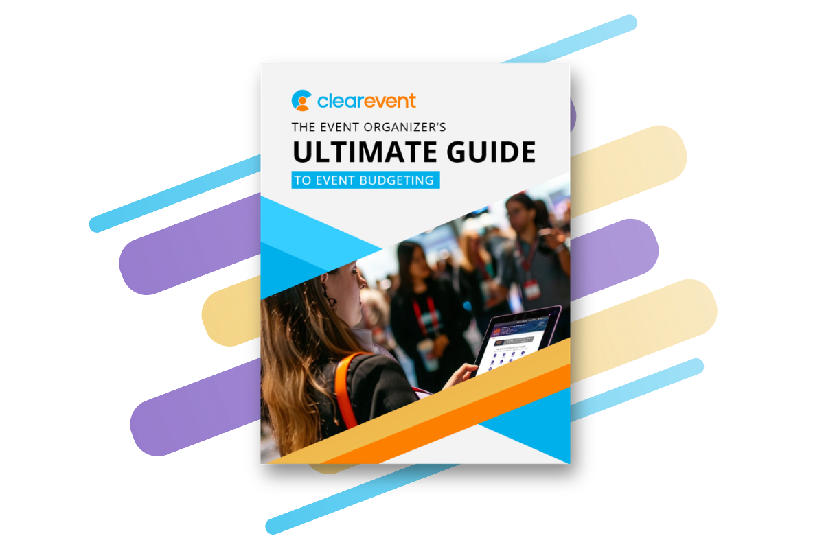 Cover of ClearEvent's Ultimate Guide to Event Budgeting ebook, featuring a professional event setting.
