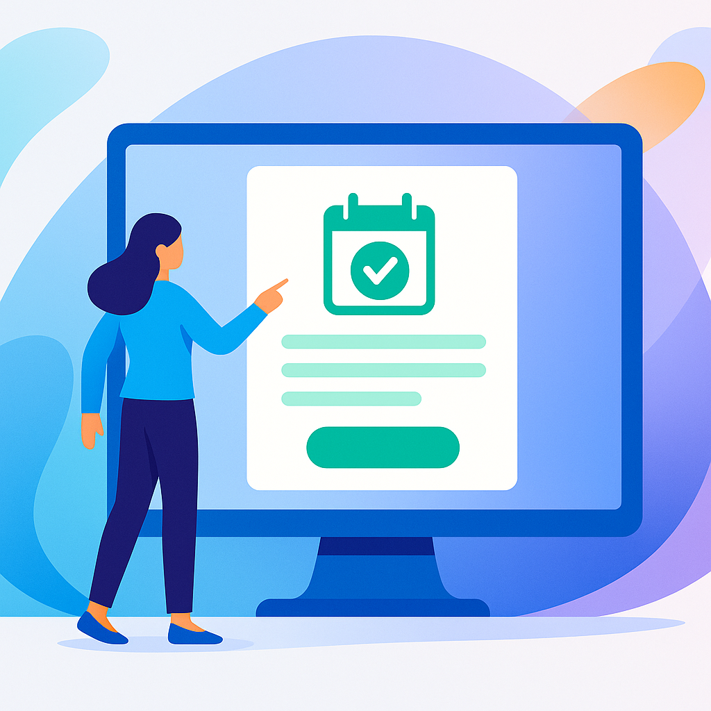 Illustration of a woman pointing at a large computer screen displaying an online event registration form with a calendar checkmark icon, symbolizing easy and successful registration.