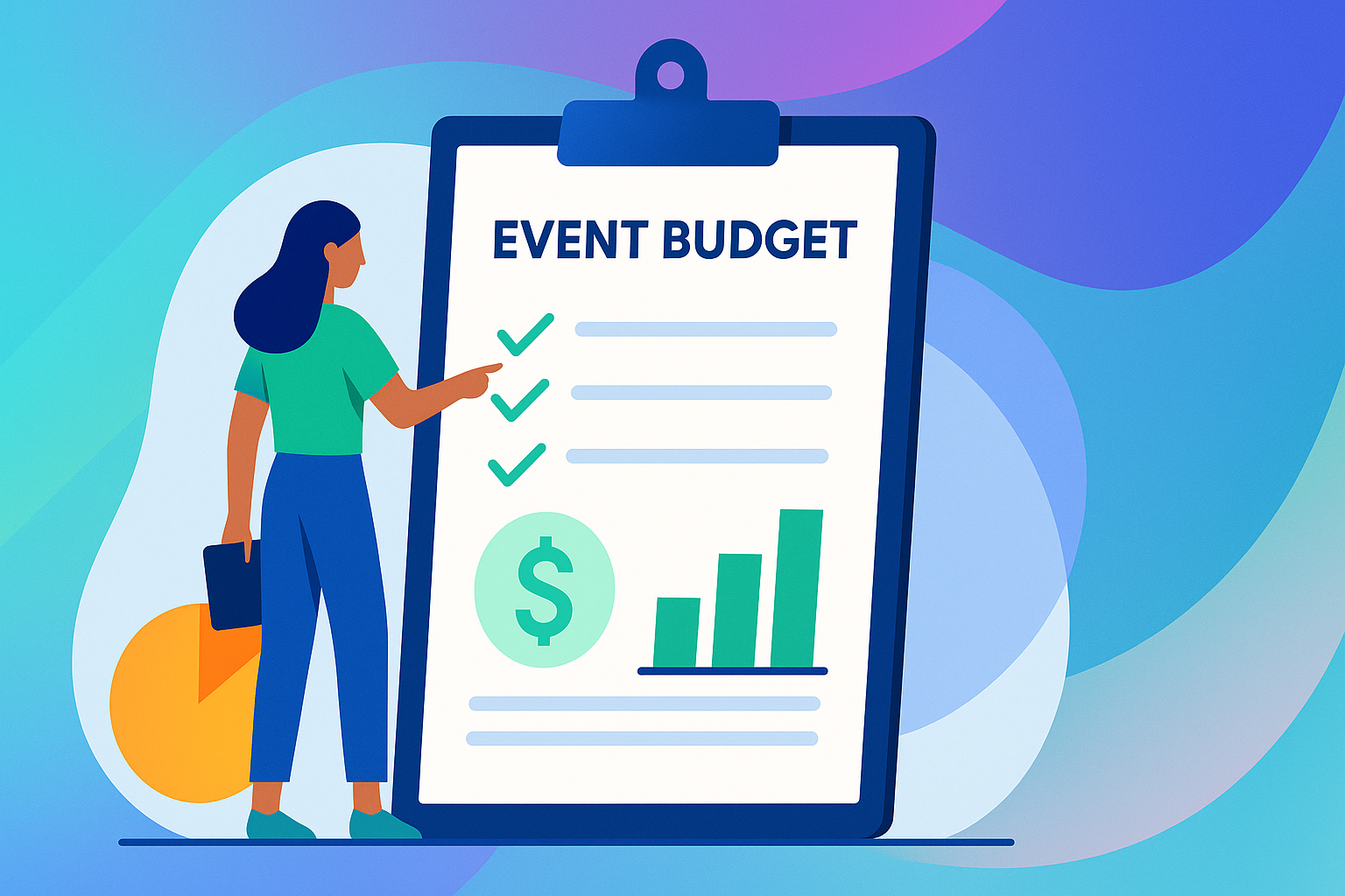 Illustration of a woman reviewing an event budget on a large clipboard, featuring checkmarks, a dollar symbol, and a bar chart, set against a gradient blue and purple abstract background.