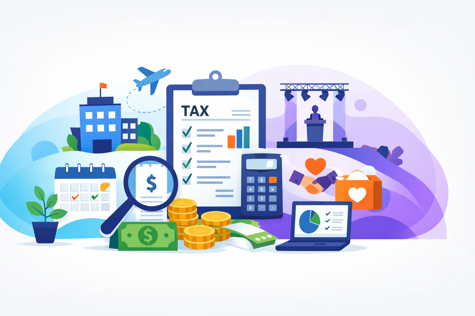 illustration showing event expense tracking and tax planning, with icons for event budgeting, receipts, calculator, software dashboard, and organized financial documentation for events.