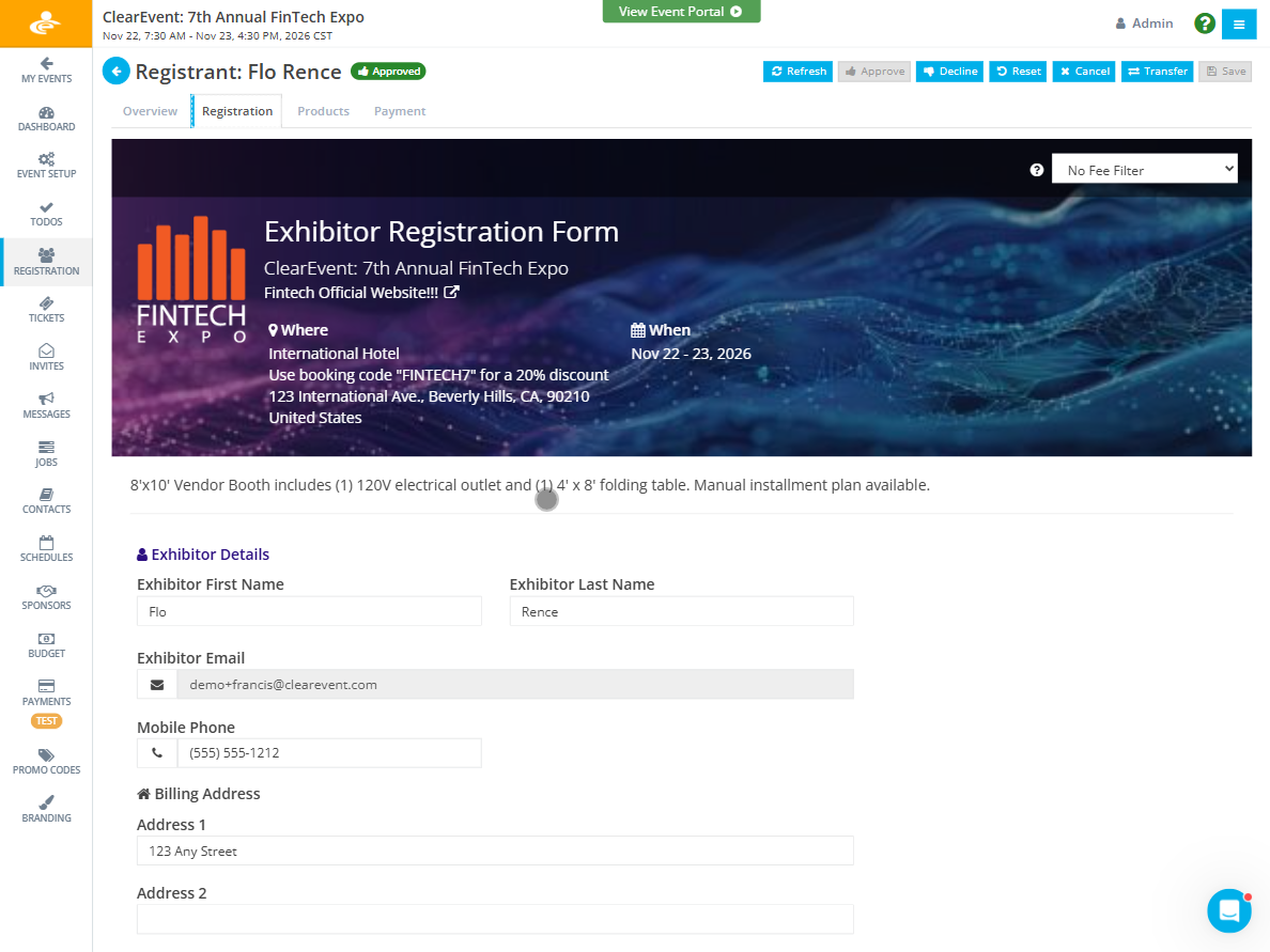 Image shows the ClearEvent registration form builder UI of an exhibitor form design.