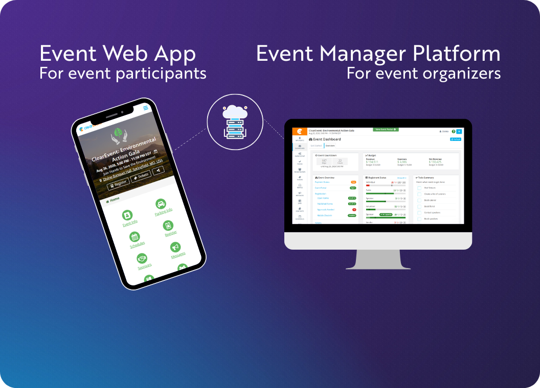 Image presenting the 2 parts of the ClearEvent Event Management Software. On the left the Event Web App for event participants. On the Right the Event Manager for event organizers.