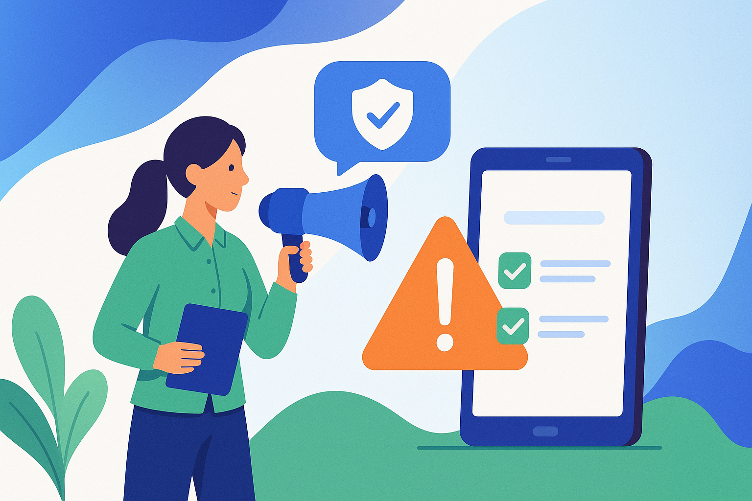 Illustration of an event organizer calmly managing an on-site emergency, using a tablet and megaphone with abstract safety and alert icons, representing event crisis management and emergency responsiveness.