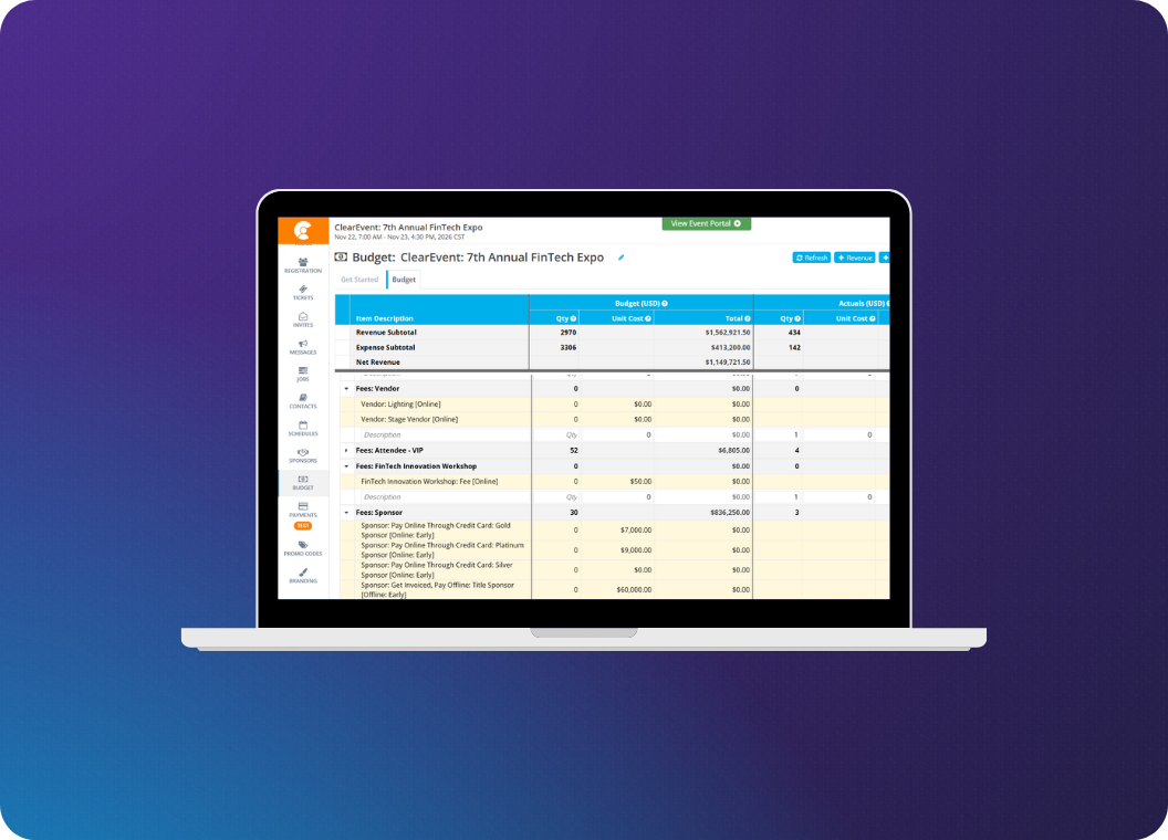 Image of laptop viewing the ClearEvent Event Budget Section.