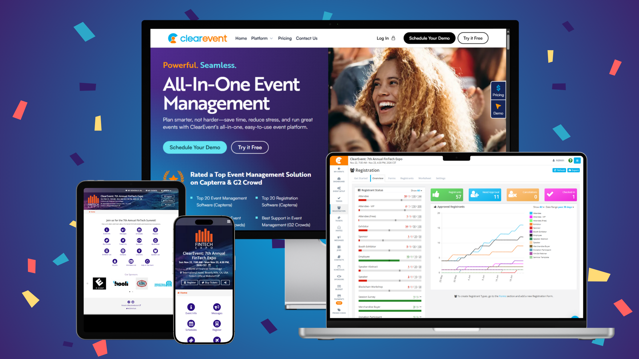 The ClearEvent All-In-One event management software shown on different device types (laptop, monitor, tablet, cell phone) over a confetti celebratory background.