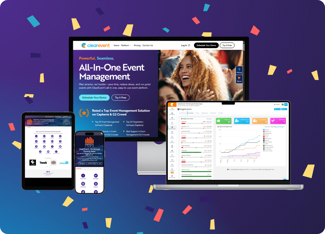 The ClearEvent All-In-One event management software shown on different device types (laptop, monitor, tablet, cell phone) over a confetti celebratory background.