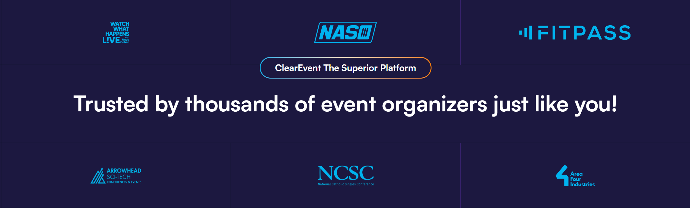 Trusted by image showcasing customers who are trusting ClearEvent to power their events.