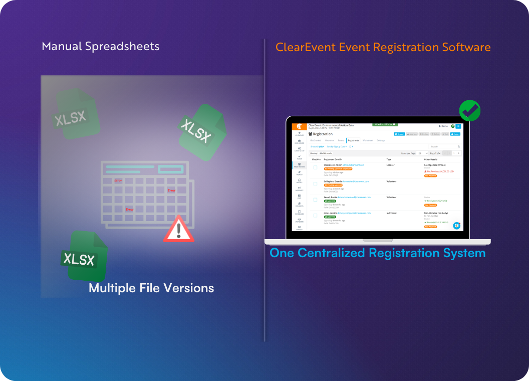 Comparison between manual spreadsheets and ClearEvent event registration software showing one centralized registration system VS multiple file versions from spreadsheets.