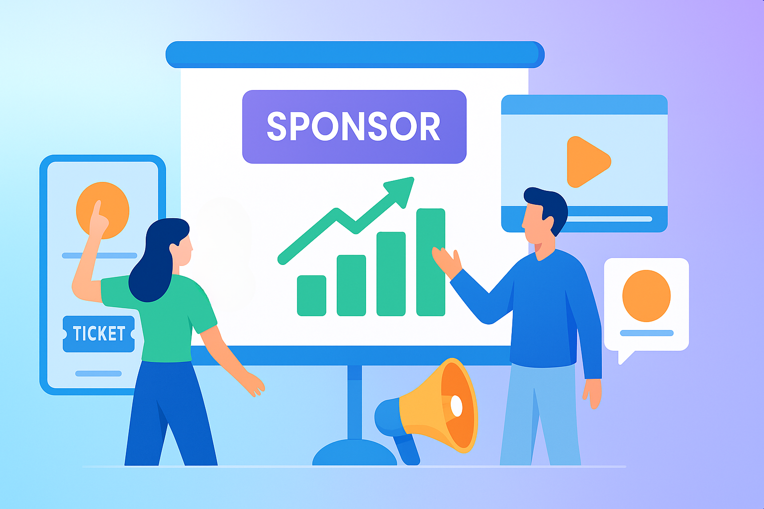 Illustration of two people presenting sponsor engagement at an event, with a large screen showing a rising bar graph, the word “SPONSOR,” digital screens, and a megaphone symbolizing event sponsor promotion and ROI.