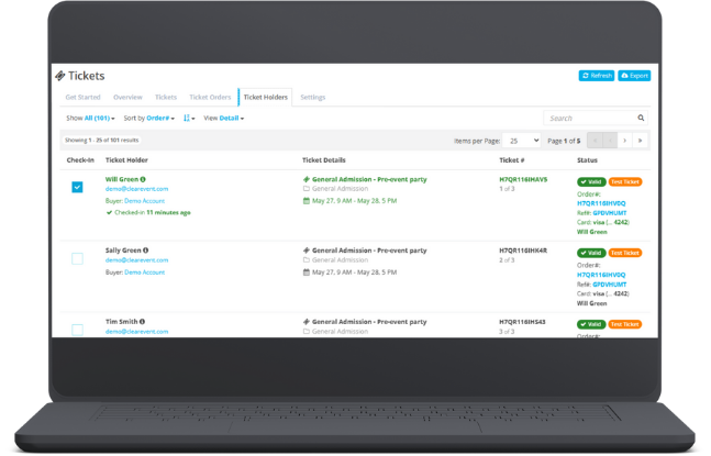 View of ClearEvent's Ticket Holders list displayed on a laptop screen