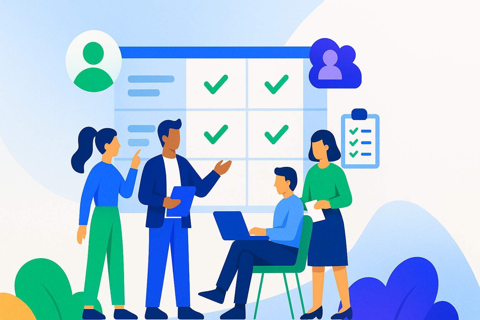 Illustration of an event team collaborating around a shared task board, showing clearly assigned roles, completed tasks, and coordinated teamwork using a modern event management workflow.