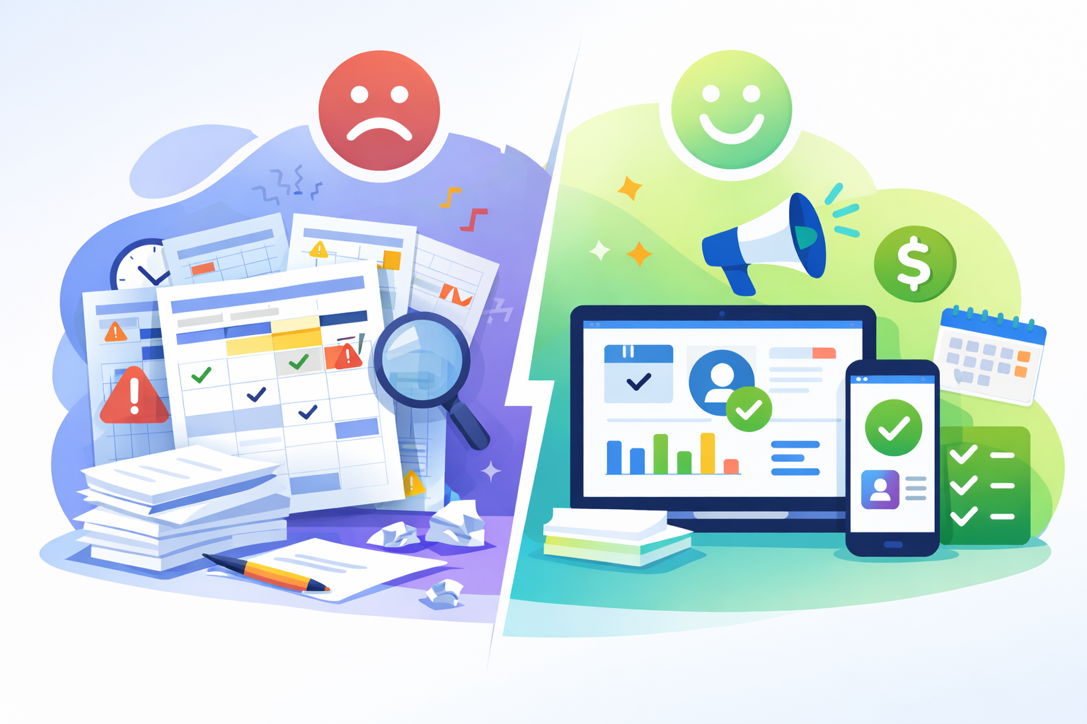 Split illustration comparing chaotic event planning with spreadsheets on the left and streamlined event management software on the right, showing why all-in-one event planning software works better than spreadsheets.