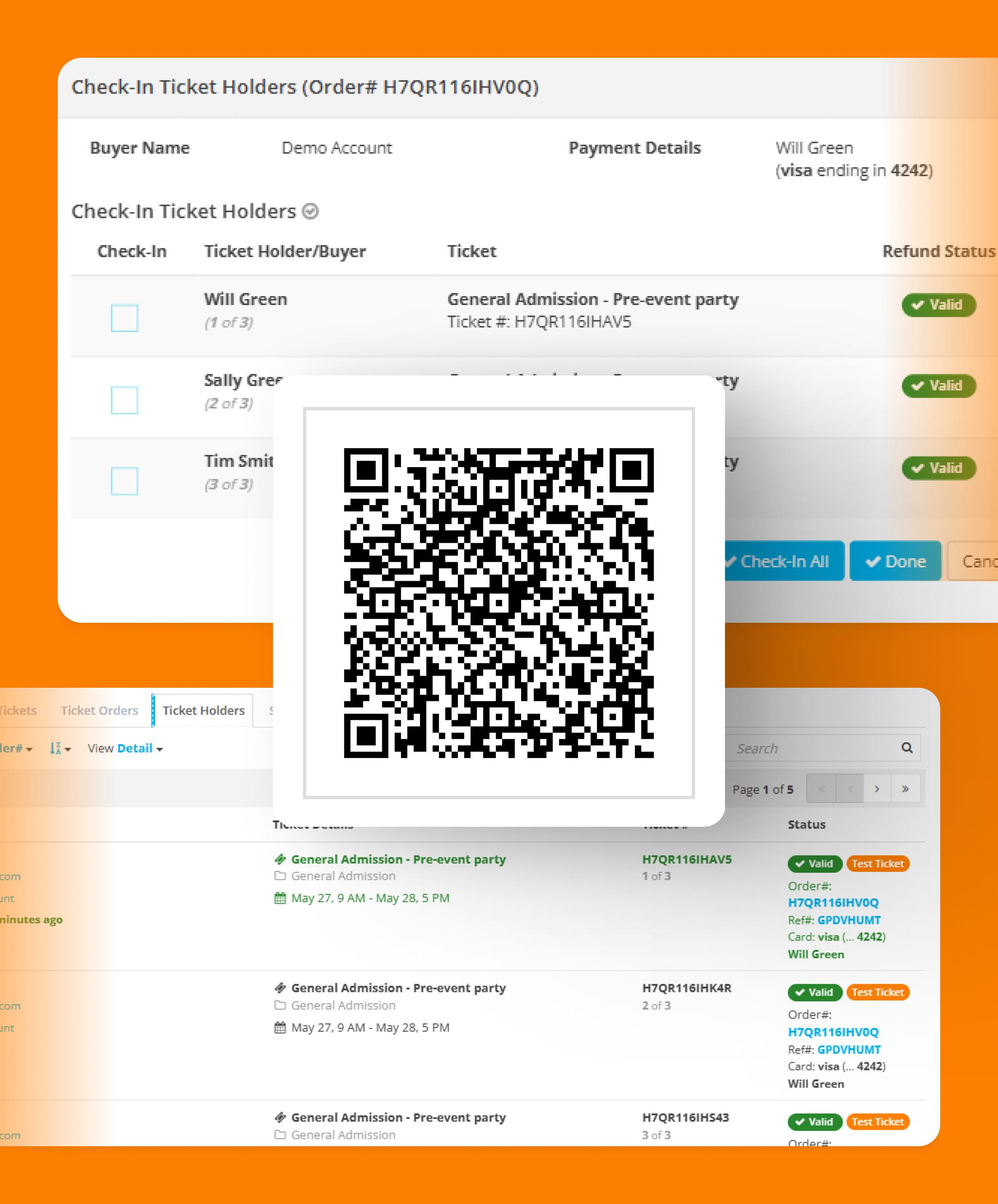 Image of a QR code shown in front of the ClearEvent Event Management Software Ticket check-in screen cutouts.