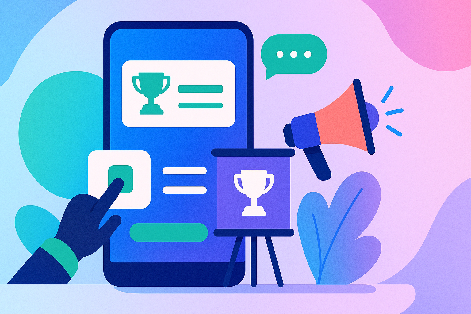 illustration showing a smartphone displaying sponsor content, with a hand tapping the screen, a megaphone, and a small presentation board featuring a trophy icon.