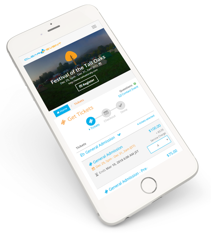 Mobile phone with ClearEvent portal displaying the Get Tickets page
